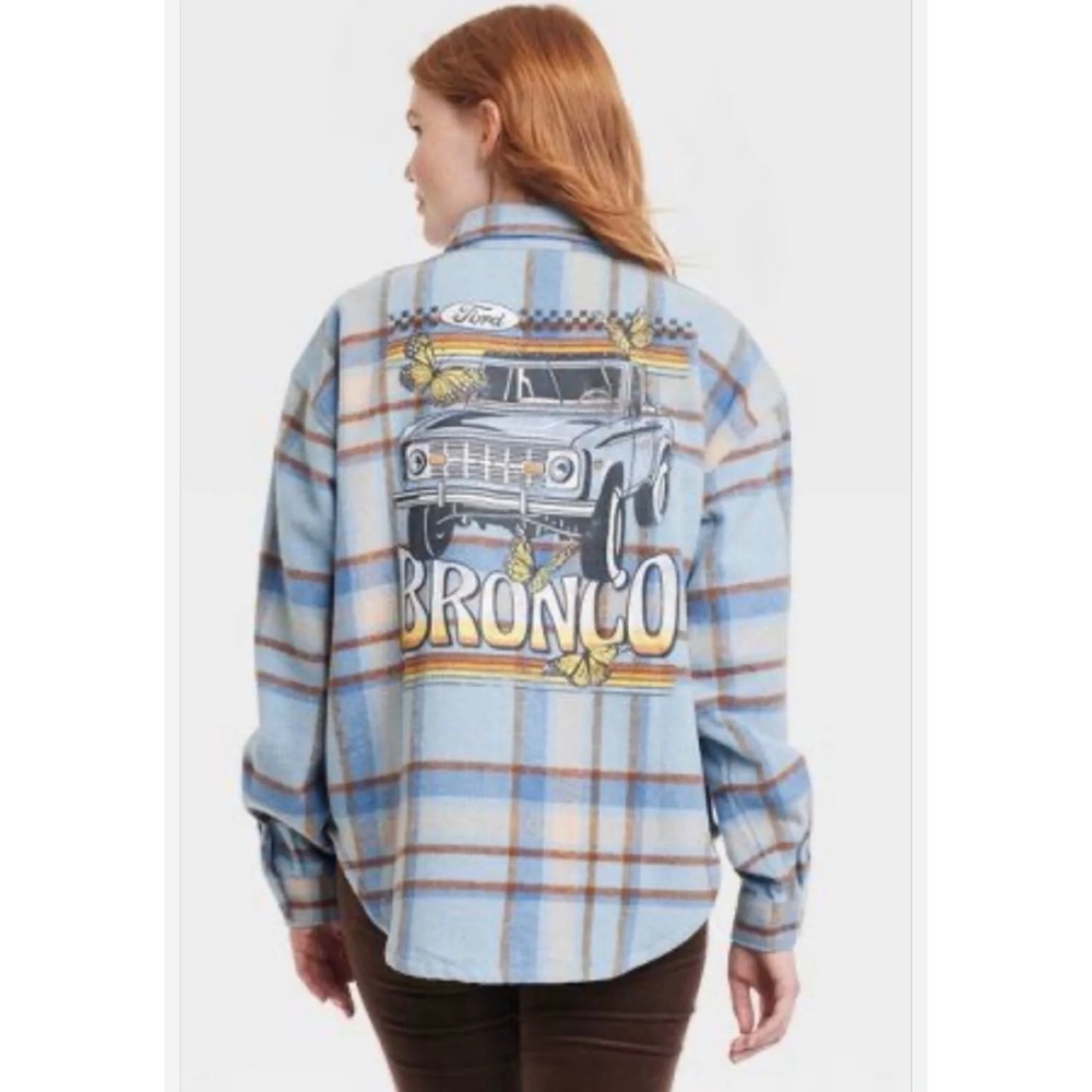 Ford Bronco Graphic Plaid Flannel Shirt Blue Tan Oversized Button Down XL Womens